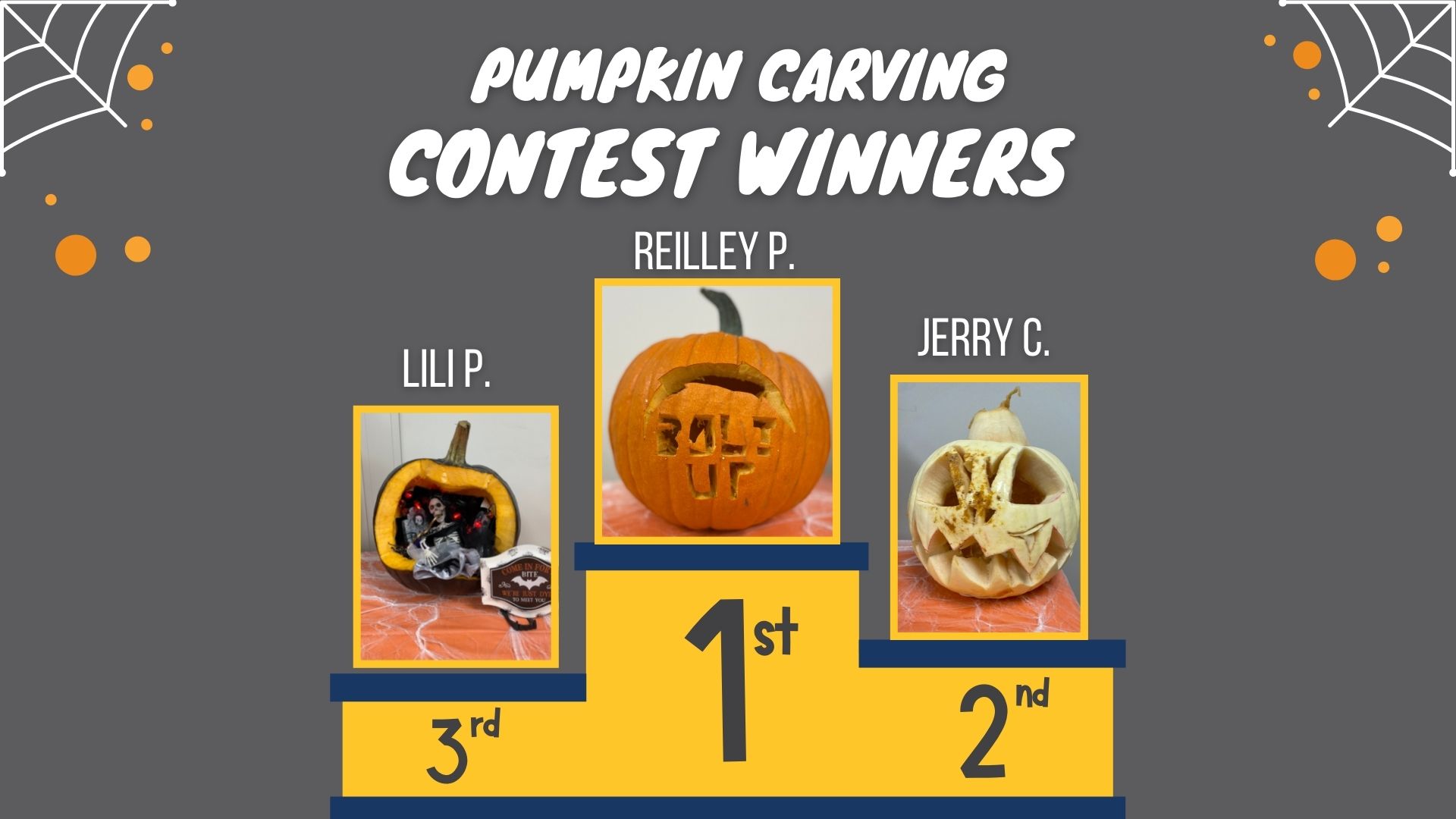 Graphic showcasing winners of MGBW pumpkin carving contest.